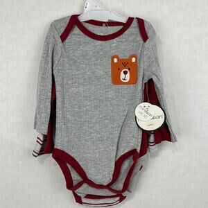 Minibean Baby Bodysuits Creepers 3 Pc Set 6-9 Months Long Sleeve Burgundy Gray